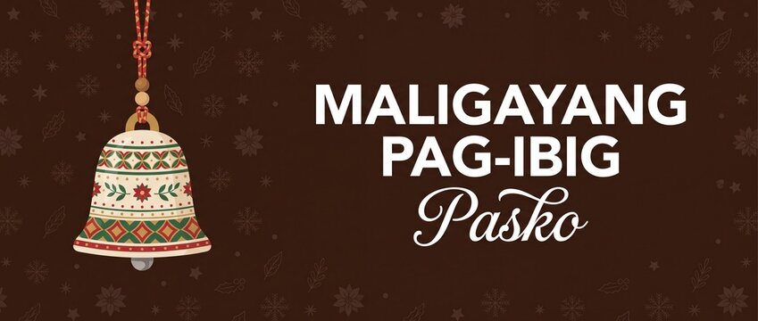 Filipino Christmas banner Maligayang Pasko greeting background with decorative bell ornament hanging on dark festive pattern for Tagalog holiday design card template poster social media header