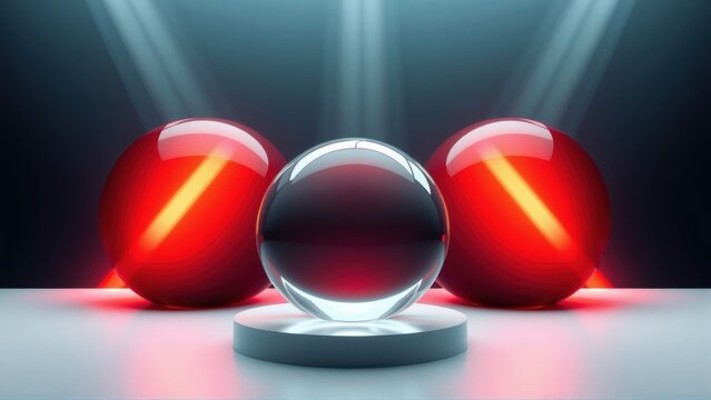 Glossy spheres illuminated by spotlights. Red orbs flank clear crystal ball resting on pedestal. Dramatic lighting creates sleek presentation.
