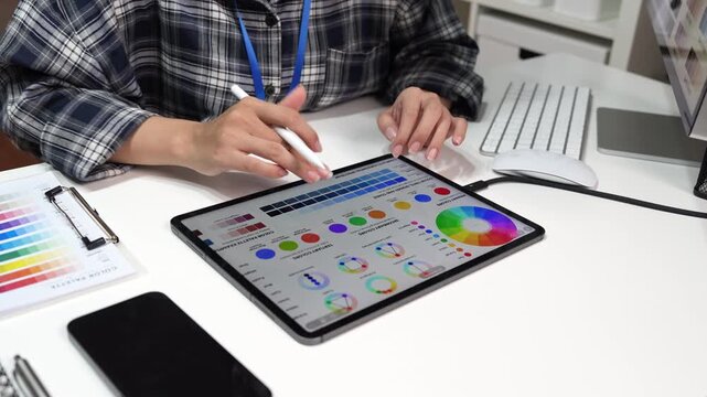 Interior designer selecting color palettes and reviewing home design concepts at a computer workstation, with a miniature house model and digital tablet on the desk.