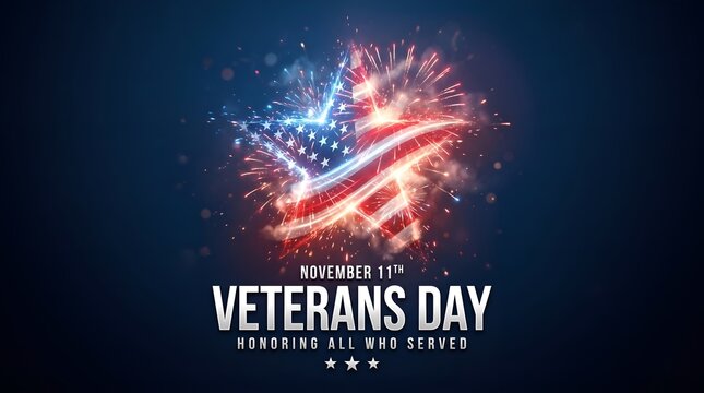 Veterans day november 11, template american fireworks blue sky background. Fireworks US flag. November 11th Happy Veterans Day, USA national holiday. Banner, poster, greeting card. ... 