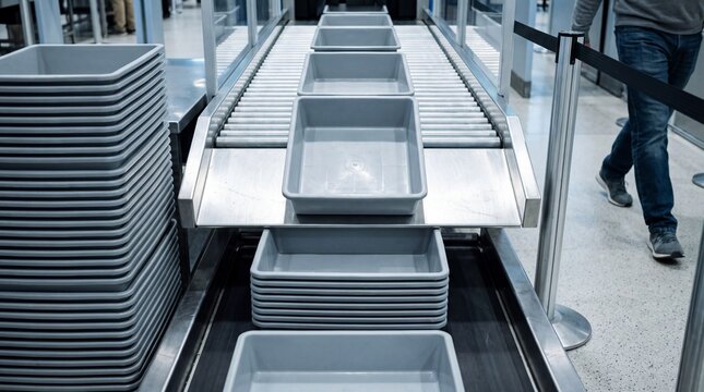 Automated Tray Return System Stacking Empty Security Trays Under Lanes