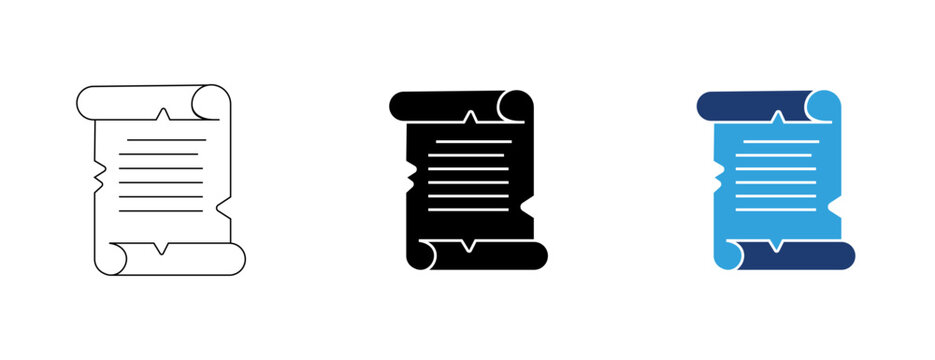 Document scroll and parchment icon set featuring outline, solid, and colored duotone styles for digital files and historical manuscript applications.