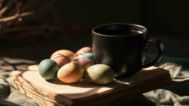 Rustic cozy scene with black coffee cup and colorful pastel speckled eggs on old vintage book in warm natural light