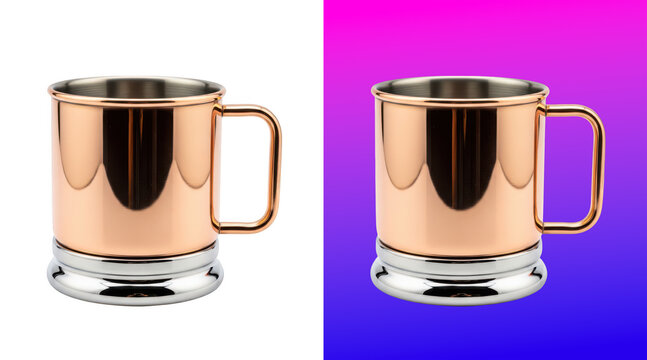Shiny copper and silver metal drinking mug studio shot