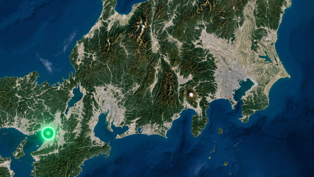 地球衛星軌道から見る大阪都市圏に光子が佇む中部・近畿地方の背景