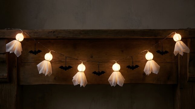 Halloween string lights with glowing ghost lanterns and black paper bats hanging on rustic wooden mantel, cozy warm spooky home decoration for October party, festive garland and holiday ambiance