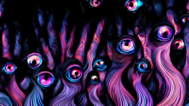 Creepy glowing pink and blue monster eyes emerging from darkness surrounded by surreal tentacle shapes, mysterious neon creatures on black background for Halloween horror and fantasy