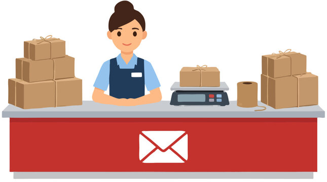 Smiling female postal clerk behind red post office counter with digital parcel scale, stacks of brown paper boxes tied with twine and white mail envelope icon flat vector illustration
