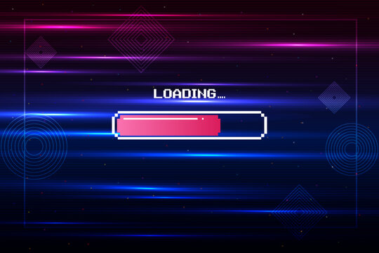 LOADING. pixel art 8-bit. Retro Futurism Sci-Fi Background. glowing neon grid and star from vintage arcade computer games.