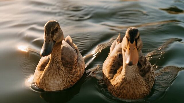 Two brown ducks swimming together on calm lake water in warm golden sunset sunlight, peaceful wildlife scene with gentle ripples, reflections and a serene natural atmosphere
