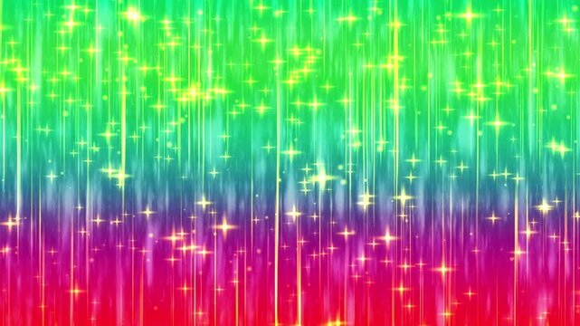 虹色の輝く光と星が上昇するスピードライン背景アニメーション（ループ素材）（星多め）