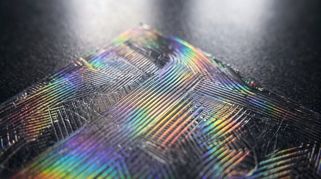 Holographic metallic texture featuring intricate parallel grooved lines reflecting vibrant rainbow light spectrum across dark textured surface during close up studio photography setup