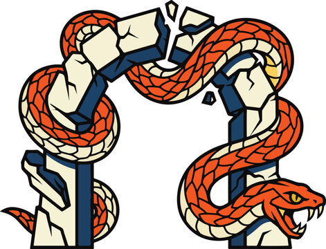 Red Viper Snake on Broken Stone Pillar T-Shirt Design, Angry Serpent Mascot Vector Art