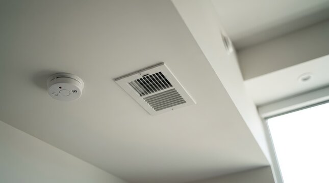 A close up view of a white smoke detector mounted on the ceiling next to a modern air conditioning vent in a contemporary interior space, capturing a functional residential safety device