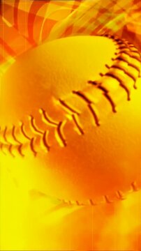 Close-up warm golden baseball with distinct stitching seams glowing against vibrant orange geometric abstract background
