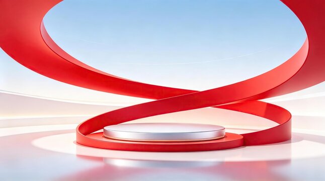 Minimalist modern 3d product display podium with red curved ribbon around silver platform on clean light background for product promotion marketing
