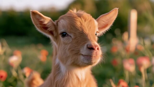 Adorable baby goat with light brown fur and closed eyes enjoying warm golden sunlight in a peaceful flower meadow, cute smiling farm animal portrait with soft blurred spring background