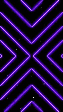 Symmetrical glowing purple neon arrow lines converging toward center against deep black speckled starry space background
