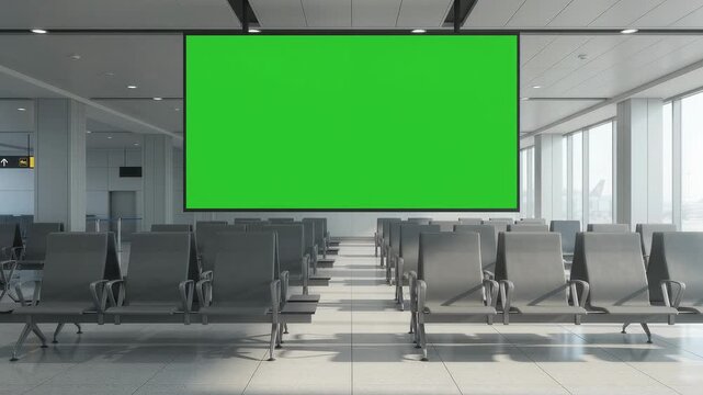 Airport departure gate with green screen billboard above empty seats