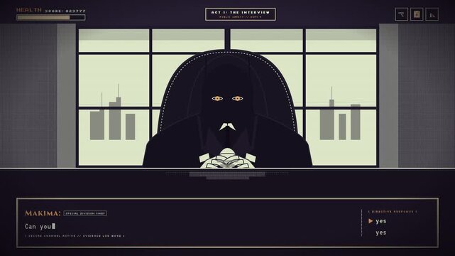Minimalist digital illustration of a mysterious shadowy figure sitting in a dark office.