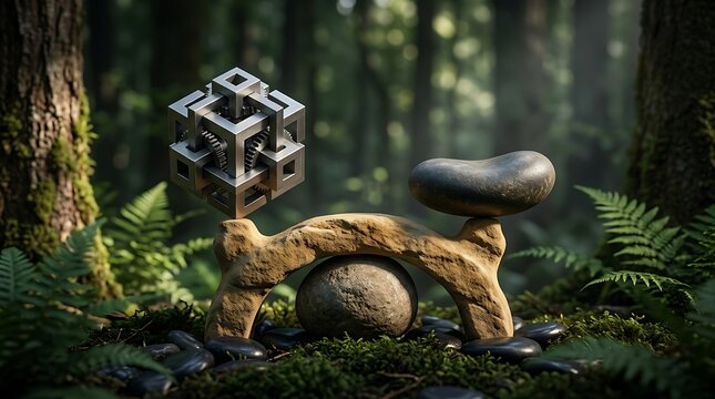 Conceptual 3D illustration of a complex metallic gear cube perfectly balanced against a natural smooth stone on a mossy rock structure within a lush green forest, symbolizing harmony and stability.