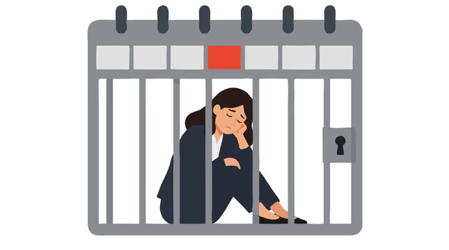 Tired businesswoman sitting depressed inside grey calendar cage with bars symbolizing burnout, work stress, deadline pressure and feeling trapped by busy schedule in flat vector illustration