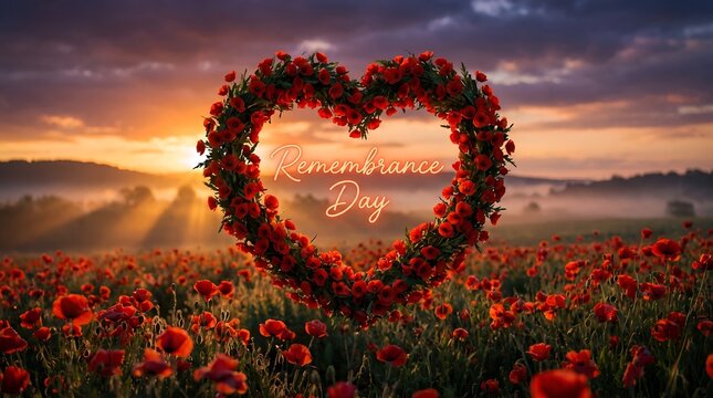 Remembrance day poppy heart glowing at sunset over a field of flowers