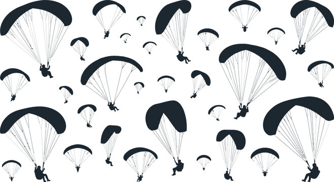Paragliding silhouettes collection featuring various paragliders and pilots in flight, black vector illustration isolated on white background