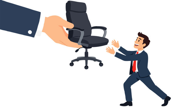 Large hand offering black executive office chair to eager smiling businessman reaching up, promotion success and new leadership opportunity concept cartoon illustration isolated on white