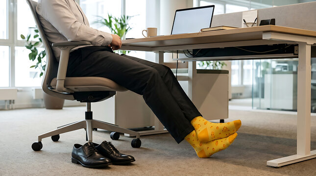 Professional businessman sitting at office desk wearing bright yellow socks, informal office workplace humor and comfortable corporate lifestyle