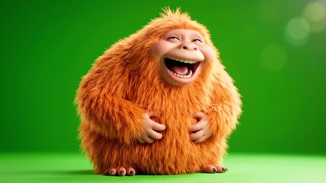 Furry orange monster character laughing on green screen background