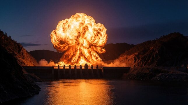Massive orange explosion occurs at concrete dam during night. Huge fire cloud, thick smoke rise above river valley. Destructive blast impact destroys infrastructure near mountain landscape. Dramatic