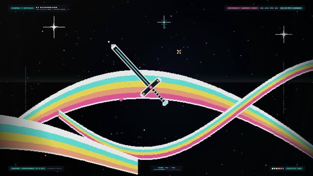 Pixel art sword floating above vibrant colorful rainbow ribbons in deep space background.