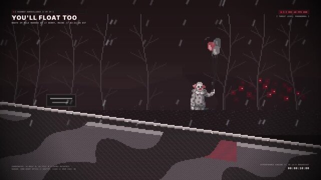 Pixel art illustration of a scary clown holding a red balloon in the rain.