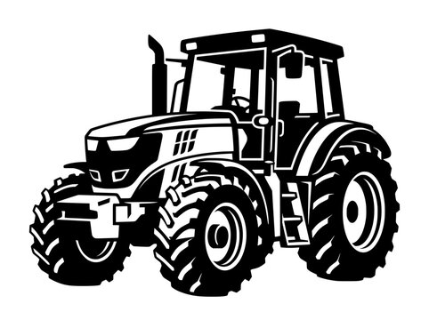 Agricultural tractor vector illustration, black and white farm machinery silhouette, heavy duty industrial farming equipment icon for logo design