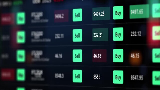 Stock ticker board with changing prices and indexes. Exchange numbers and market data