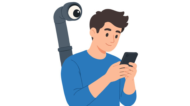 Flat vector illustration of young man in blue shirt using smartphone unaware while creepy cartoon periscope with eyeball spies over shoulder watching screen, digital privacy invasion concept
