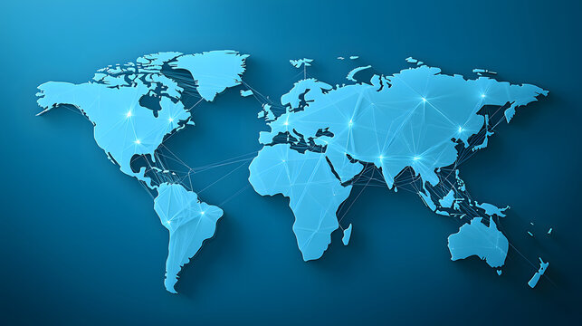 Digital technology connects world through network of lines and nodes on blue map
