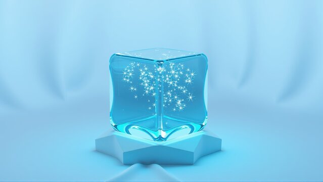 Glowing cube opens, releasing sparkling light. Minimalist presentation, soft blue tones create futuristic feel. Focus on innovation, technology.