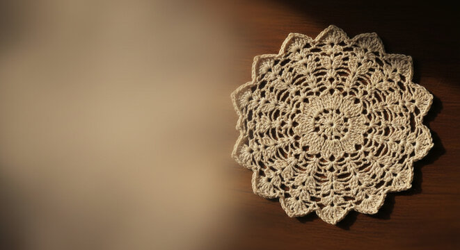 Delicate Beige Crochet Doily with Intricate Floral Pattern Placed on a Wooden Surface with Soft Natural Light