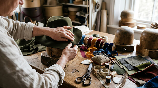Artisanal hatmaker shaping felt hat in workshop, traditional millinery craftsmanship and custom tailoring, handmade headwear creation