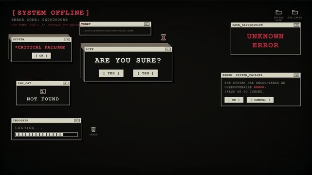 Digital computer interface showing multiple system error windows on a dark screen background.