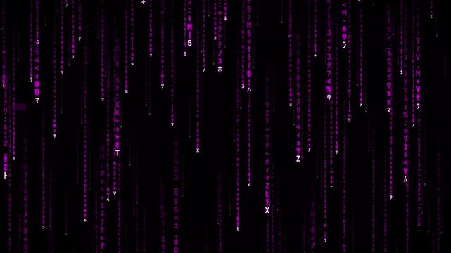 Abstract digital background with falling purple binary code streams on black.