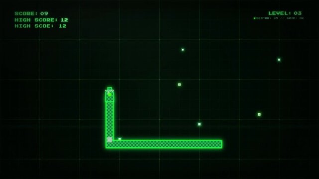 Retro green monochrome video game screen featuring a classic snake style arcade game interface.