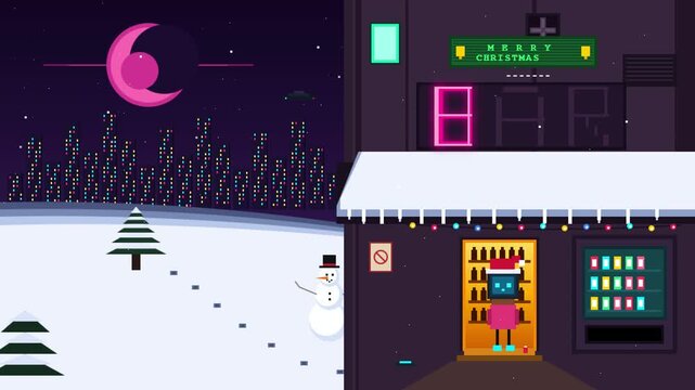 Minimalist digital illustration of a festive winter bar scene with a cute robot character.