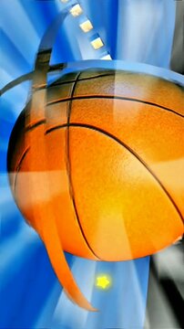 Vibrant orange basketball glowing bright against deep blue background with radiant light rays and dynamic golden ribbon motion
