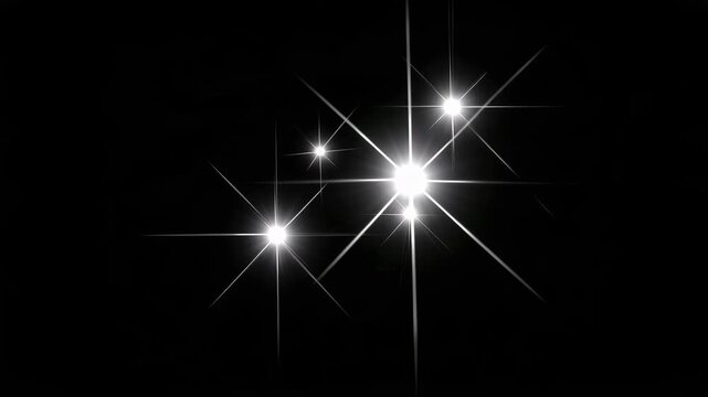 Bright white sparkling starburst lights with glowing lens flare and sharp radiant rays on a pure black background, elegant shimmering light effects for festive decoration and abstract design