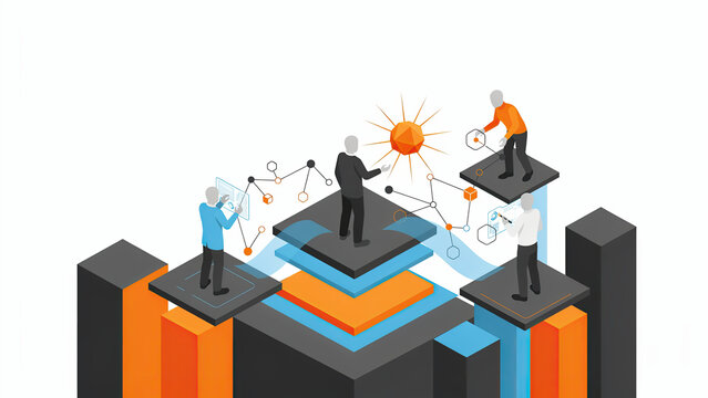 Isometric illustration of business people working on a complex digital network project within professional workspace