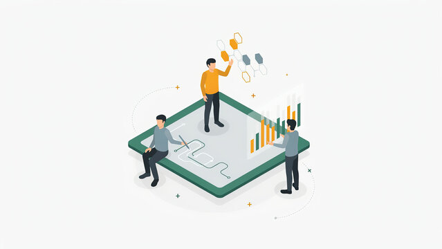 Isometric illustration of business team working on digital data analysis and project planning on screen
