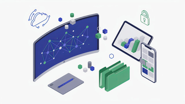 Isometric illustration of digital workspace equipment with computer screen and mobile device featuring network connectivity concepts